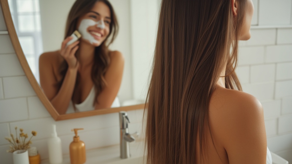 Woman applying hair mask with beautiful glossy hair