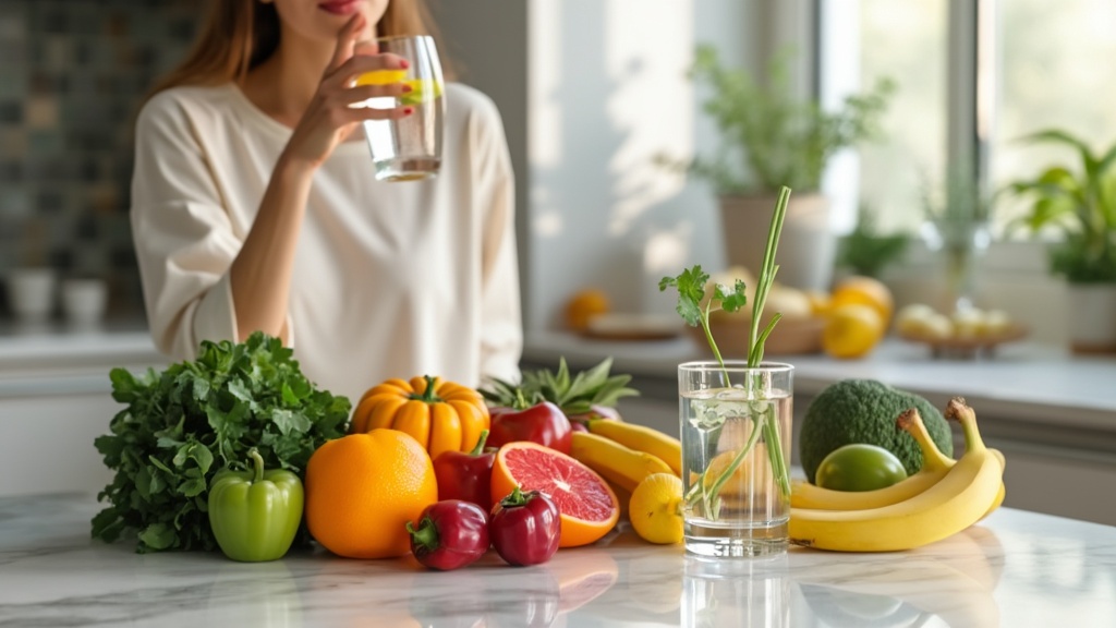 Woman drinking water with fresh fruits on table