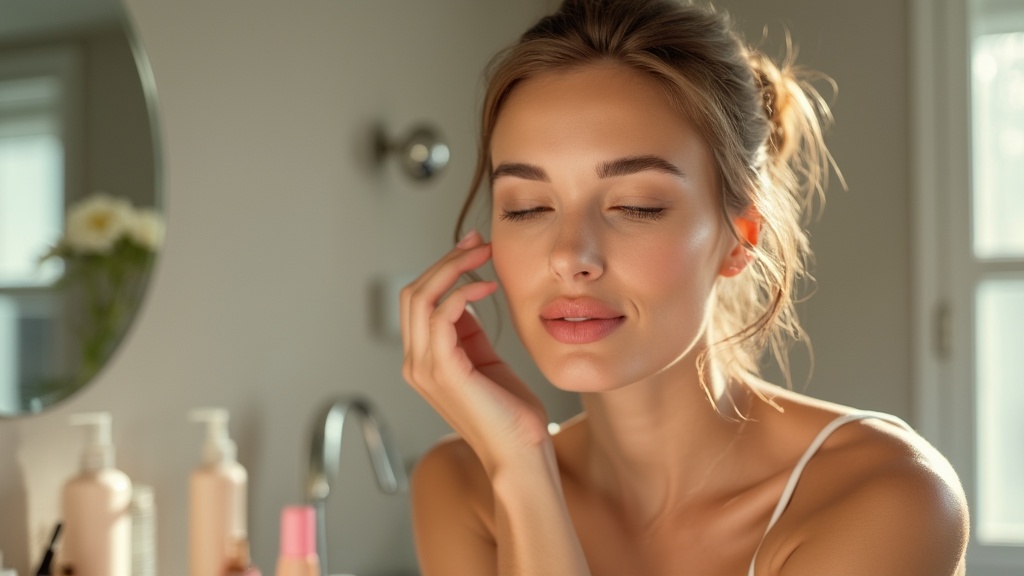 Woman applying makeup with natural glow