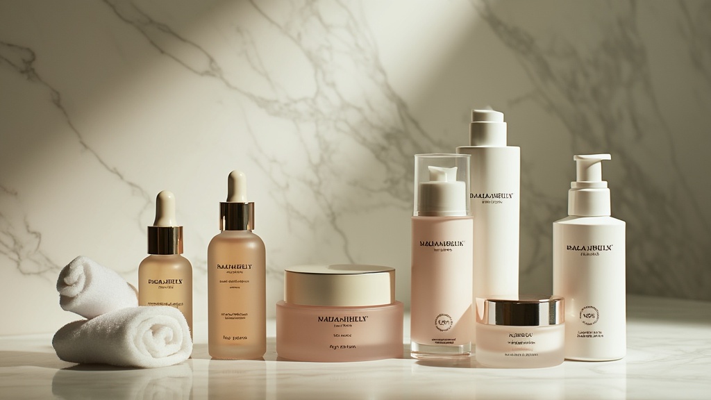 Luxurious skincare products arranged on marble surface